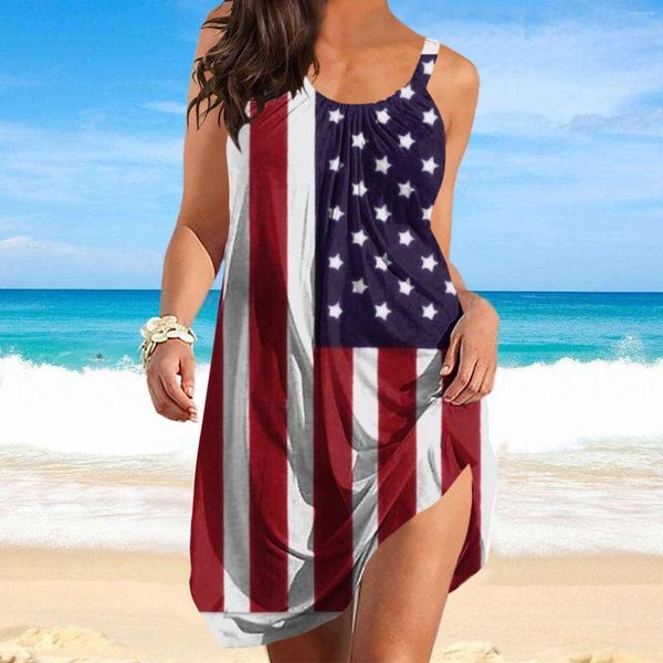 Vestidos casuais femininos verão decote redondo solto sem manga dia da independência 3D impressão digital faixa saia vestido de praia camiseta comprimento do joelho