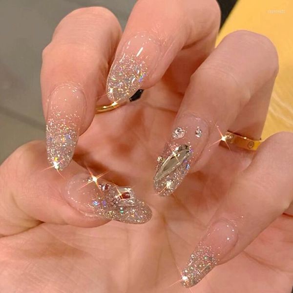 Unhas Postiças Super Brilhantes Strass Design Unhas Falsas Cabeça Longa e Pontuda Estilo Coreano Imprensa na Arte Completamente Acabada