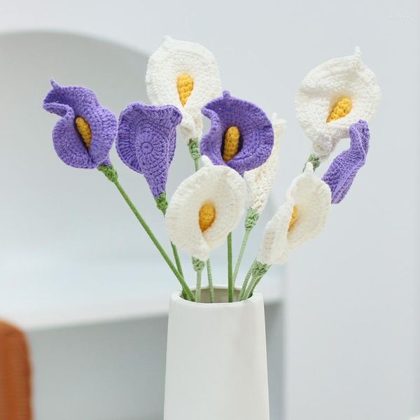 Flores decorativas de crochê lírio de calla buquê falso feito à mão presente artificial para vaso casa sala decoração de mesa arranjo de flores ornamentos