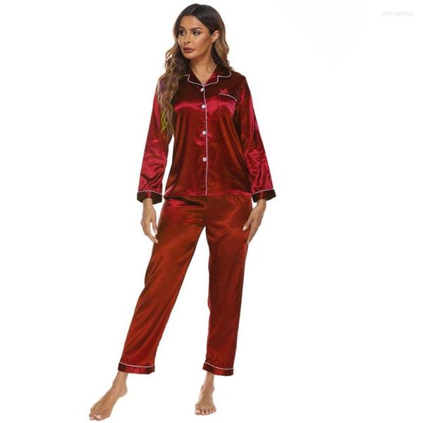 Kadınların Pijama Sonbahar Bahar Kadınları İpek Saten Pijamaları Set düğmesi Down Loungewear Bayanlar Uzun Kollu Nightgown Vdeg1