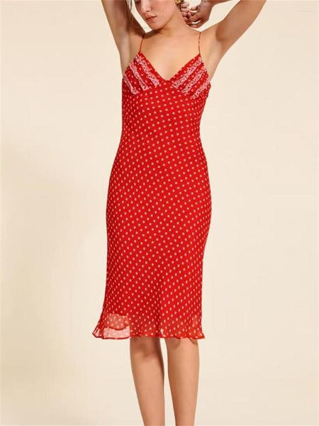 Vestidos Casuais Red Midi Sling Vestido Feminino Estampado de Bolinhas Sexy Elegante Profundo V Manga Sem Costas Sem Costas Viscose Feminino Verão 2023 Robe