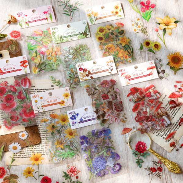 Adesivos adesivos 40 pçsbag Plant Nature Flower Decorative PVC Sticker Scrapbooking diy Etiqueta Diário Artigos de papelaria Álbum Diário Daisy cogumelo Stick 230707