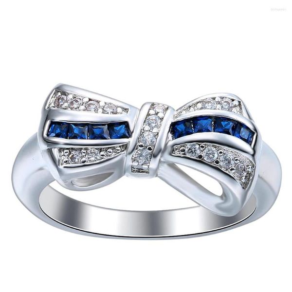 Eheringe Bowtie Blumendesign Schmuck Großhandel Fingerring Luxus Royla Blue Cz Verlobung für Frauen versilbert