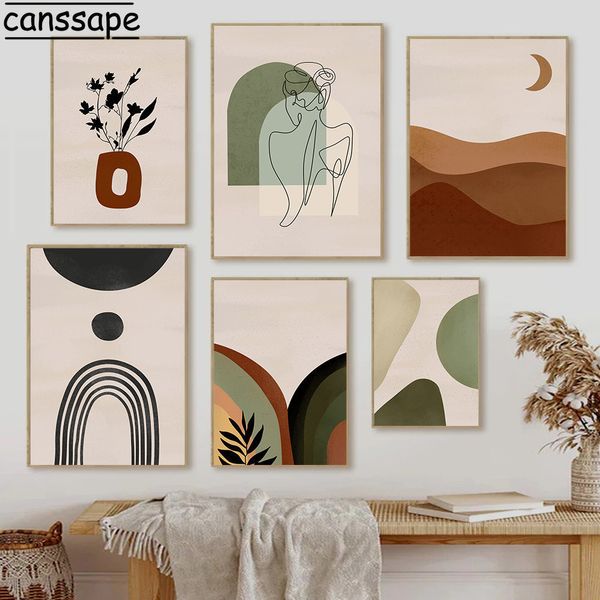 Gemälde Abstrakte Linien Wand Poster Pflanzenblätter Druck Bilder Vase Kunst Mond Berg Drucke Nordic Poster Wohnzimmer Dekor 230707