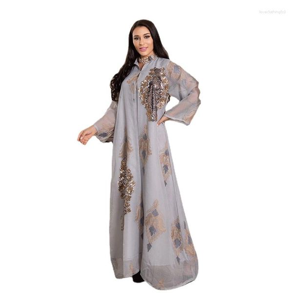 Sıradan Elbiseler Mesh Pulinler Kadınlar İçin İşlemeli Abaya Elbisesi Müslüman Dubai Akşam Partisi Robe Fas Kaftan Türkiye Arap Jalabiya Gri