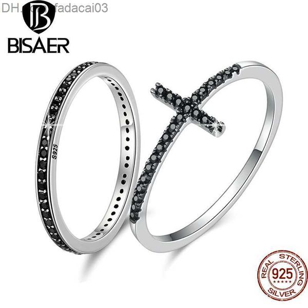 Alianças de casamento BISAER 925 Silver Sterling Ring Size 69 Simple Black Zircon Finger Stackable Circular Cross Ring Adequado para festas femininas Jóias requintadas Z230712