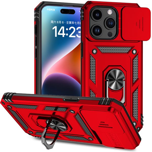 Capas resistentes de nível militar para serviço pesado Slide Camera Ring Stand para iPhone 15 14 13 12 11 Pro Max Samsung S23 Ultra A14 A24 A34 A54 A04S A04 A13 A33 A53 RedMi 12C 11A