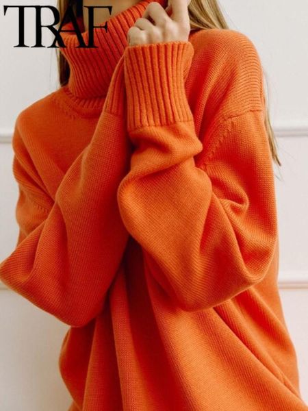 Abiti Traf 2023 Donne di Inverno Manica Lunga Maglioni In Maglia Dolcevita Vintage Maglione Allentato Femminile Oversize Elegante Pullover Arancione Magliette E Camicette