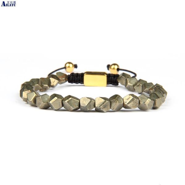 Kette Einzigartiges luxuriöses handgeschnittenes natürliches Pyrit-Stein-Faden geflochtenes Makramee-Armband Heilende Energie Männer Schmuck Frauen Armreif 230710