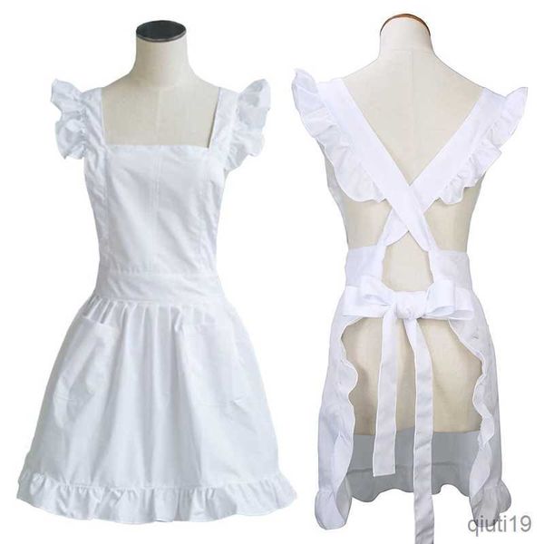 Küchenschürze für Damen und Mädchen, Rüschen, Umriss, Retro, weiße Schürze, verstellbar, Dienstmädchen, Cosplay, Küche, Kuchen, Backen, Kochen, Reinigen, R230710