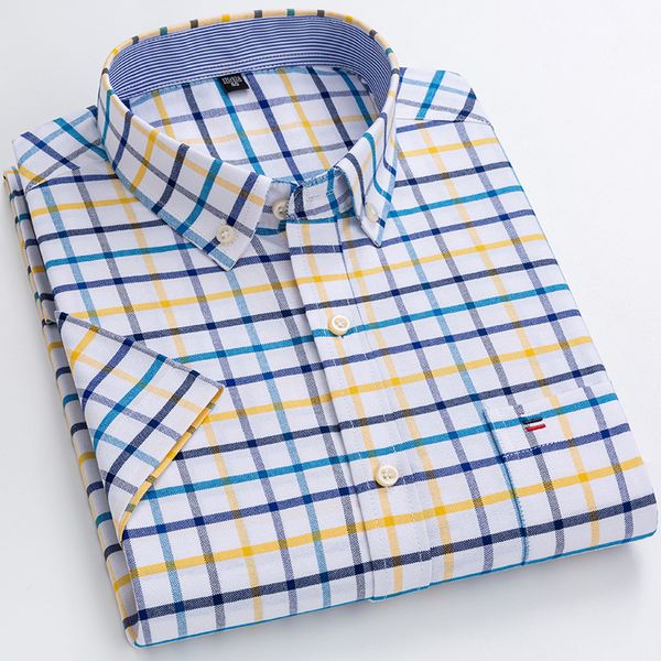 Camisas sociais masculinas plus size camisas masculinas de verão Oxford listras verticais manga curta ajuste padrão solto xadrez sólido algodão macio camisa masculina 230710
