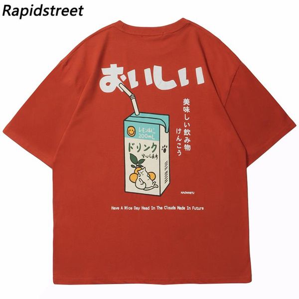 Impermeabili 2023 Hip Hop Maglietta da uomo giapponese Kanji Drink Graphic T Shirt Streetwear Haruku Estate manica corta maglietta unisex Top arancione