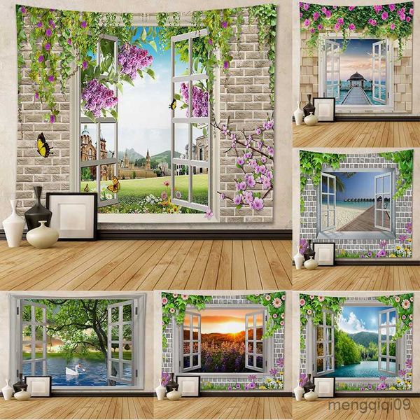 Tapeçarias Tapeçaria Parede Fundo 3D Maravilhosa Paisagem De Linda Janela Flores Decoração De Fundo Pano Pendurado R230710