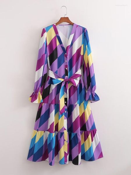 Abiti casual Autunno Donna a maniche lunghe con scollo a V a quadri con diamanti Blocchi colorati A-line con cintura Boho Abito lungo in chiffon Gradiente viola