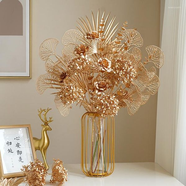 Flores Decorativas Série Dourada Palm Ginkgo Folha De Eucalipto Artificial Rosa Hortênsia Casamento Arranjo De Flores Acessórios Casa Natal