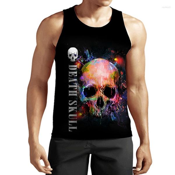 Regatas masculinas 2023 Moda Cool Skull Estampa 3D Casual Hip Hop Gráfico Streetwear Fitness Masculino Camisas Sem Manga Verão