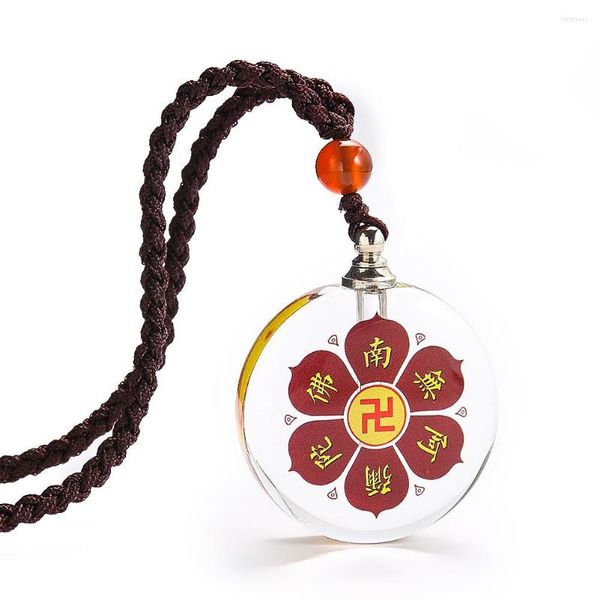 Colares com pingente Namo Amitabha Budista Flor de Lótus Colar de vidro de cristal Medalhão que pode ser aberto Lembrança Cabelo de animal de estimação Cinzas Amuleto de armazenamento Jóias