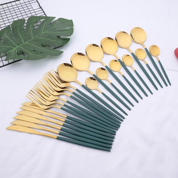 Set di stoviglie 24 pezzi specchio oro forchetta cucchiaio coltello stoviglie set di posate in acciaio inossidabile di qualità posate con manico verde