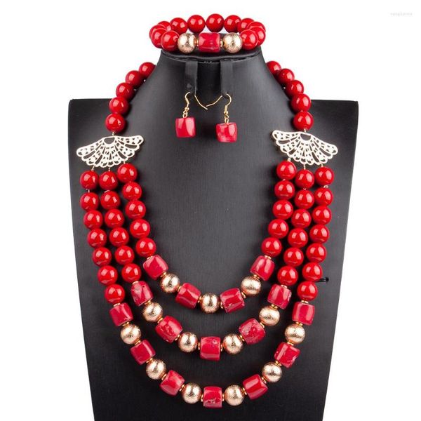 Halskette Ohrringe Set Erstaunliche rote Korallenperlen BiB -Schmuck und goldene nigerianische Hochzeit 14mm Stein Original We308