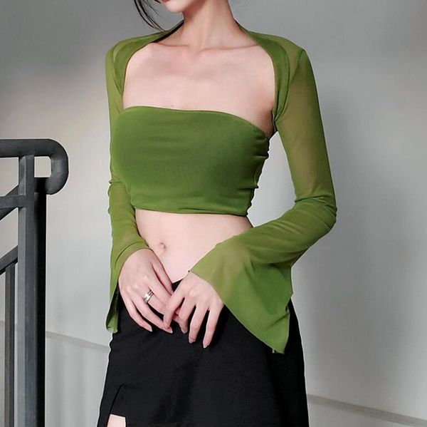 2023 Camiseta Feminina Sexy Feminina Crop Top Mesh Sleeve T-Shirt Tops Oco Transparente Camisa Feminina Verde Casual Tee