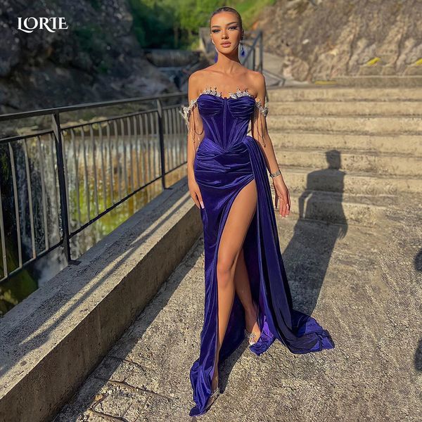 Urban Sexy Kleider LORIE Royal Purple Abend Dubai Arabia Off Shoulder Perlen Meerjungfrau Formelle Promi-Kleider Side Split Partykleid 230707