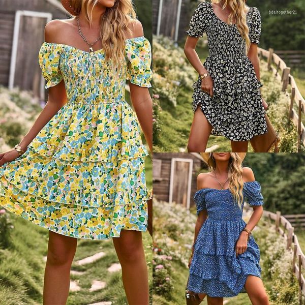 Vestidos Casuais 2023 Bohemia Verão Roupas Femininas Vestido Estampado Decote em U Manga Curta Babado Elástico no Peito Exposto nas Costas Feminino Bolo Evasê