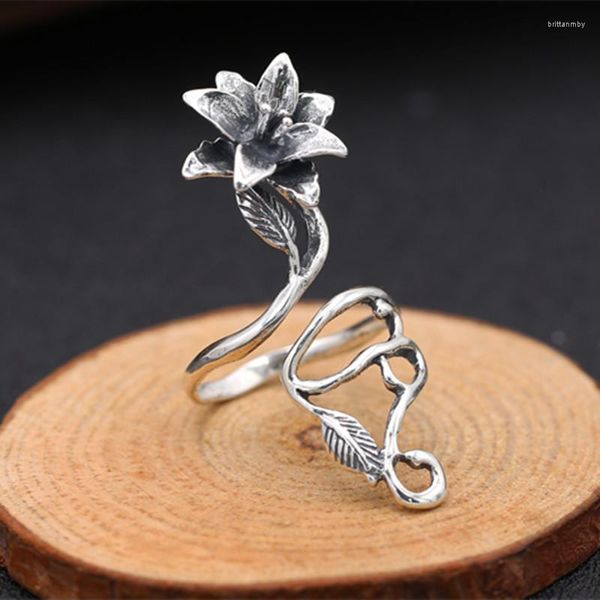 Cluster Ringe Echt 925 Sterling Silber Thai Schmuck Blume Retro Persönlichkeit Öffnung Rose Ring Für Frauen