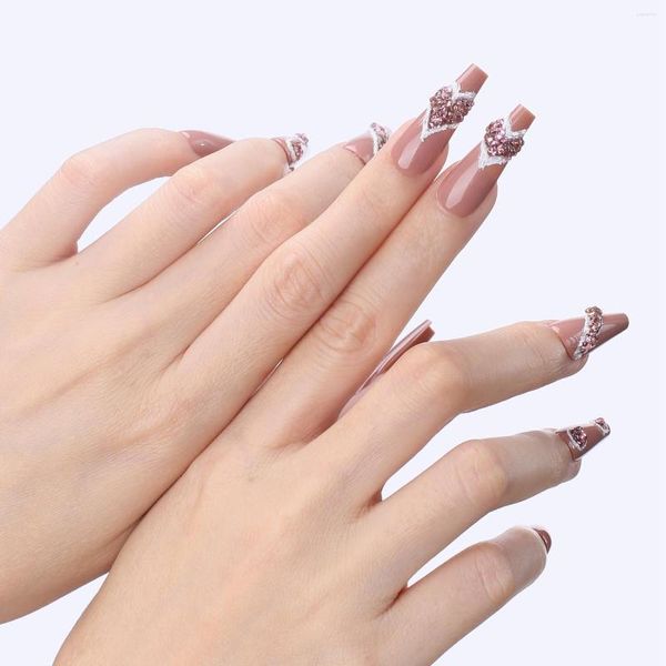 Unhas postiças amor strass caixão longo extra falso açúcar mascavo nu luxo design de diamante cristal imprensa em gel de unha