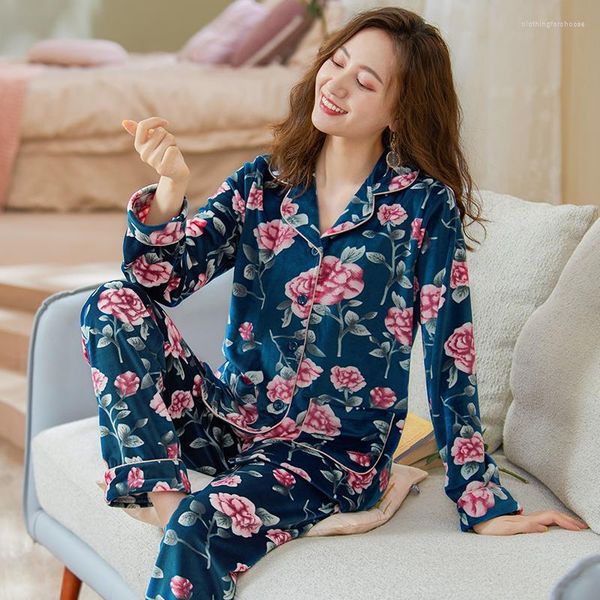 Kadınların Pijama Kış Flannel Çiçek Pijamaları Uzun Kollu Pijama Kadın Seksi Pijama Mujer Loungewear Ev Kıyafetleri Mercan Polar Uyku Seti
