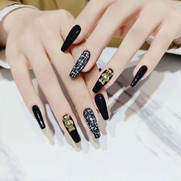 Unhas postiças 24 unidades de caixão preto usáveis desenhos de urso dourado pontas de unhas pressionadas cobertura completa longa francesa falsa