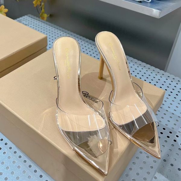 Gianvito Rossi PVC Sandalet Mules Terlik Buzağı Deri Slaytlar Stiletto Yüksek Topuklu Slip-On Açık Kare Toe Kadın Lüks Tasarımcılar Sokak Stil Ayakkabı Fabrika Ayakkabı