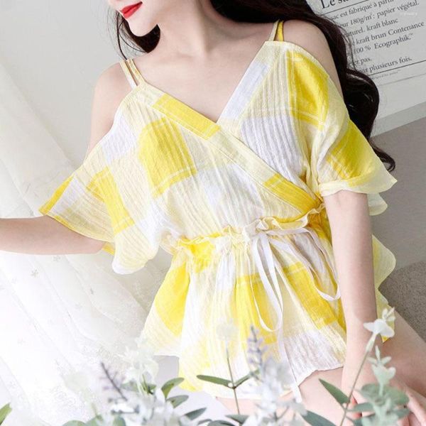 Blusas Femininas 2023 Summer Sling Out Shoulder Tops Feminino Decote em V Sem Costas Slim Plaid Print Coreano Moda Casual Chiffon Senhoras Elegante