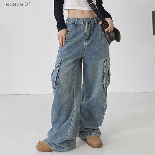 Pantaloni cargo vintage Jeans larghi Moda donna anni '90 Streetwear Tasche Gamba larga Vita alta Pantaloni dritti Y2k Denim Salopette L230621