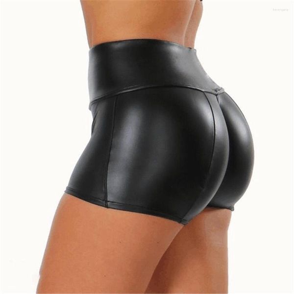 Shorts Feminino Couro PU Para Mulheres Sexy Cintura Alta Bodycon Push Up Calças Curtas Pretas Fitness Ginásio Runing Sports Pant Wear Boate Wear