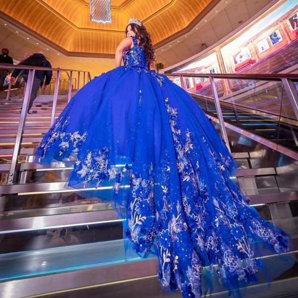 Azul marinho ombro a ombro Vestidos quinceanera Vestido de baile sem mangas Apliques florais Renda Feito à mão 3D Flores Doce 15 Roupas de festa