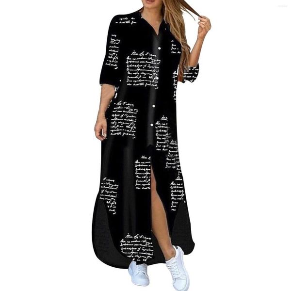 Vestidos casuais elegantes lapelas camisa para mulheres verão manga longa vestido cardigan solto outono escritório senhoras boho festa robe