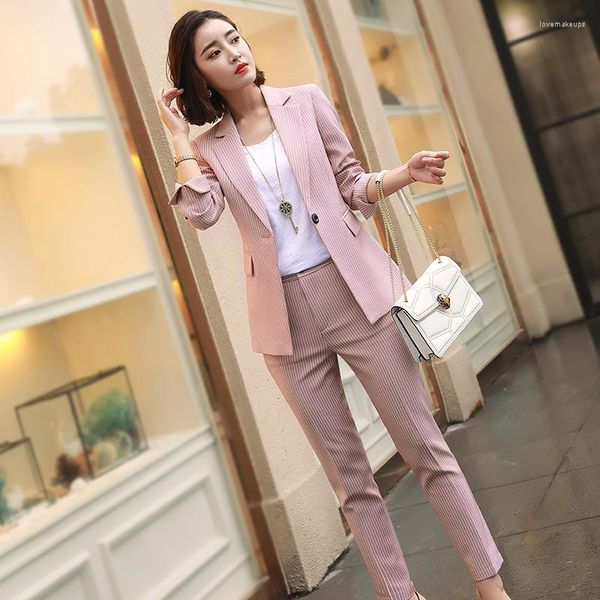 Frauen Zweiteilige Hosenanzüge Frauen Arbeit Rosa Hose 2 Set Einzelne Schnalle Gestreifter Blazer Jacke Hose Büro Dame Anzug feminino