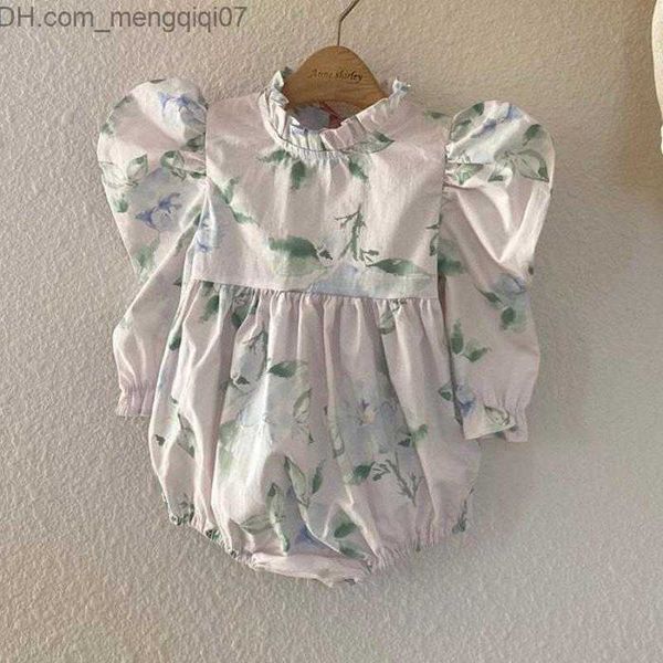 Strampler Frühling 2023 Neues Baby Mädchen Langarm Blume Hautenges Kleidungsstück Niedlicher Blumendruck Puffärmel Prinzessin Baumwolle Body Babykleid Z230710