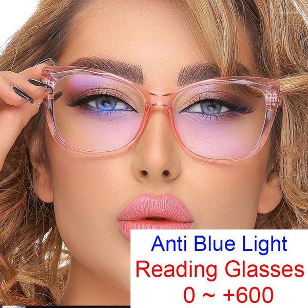 Sonnenbrille Vintage Pink Cat Eye verschreibungspflichtige Lesebrille Damen großer Rahmen Anti-Blaulicht klare Linse Weitsichtigkeit Dioptrien 2,5