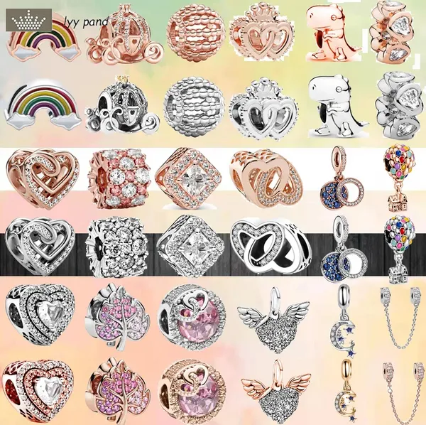 Pandora Charms Mewelry 925 Charm Beads Aksesuarlar Bilezik Gül Altın Gümüş Renkli Taşıma Kalp Angel Wings Charm Set