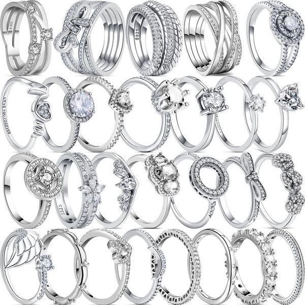 Anelli a grappolo Autentico argento sterling 925 Principessa Tiara Corona Scintillante Amore Mamma Cuore CZ Donne Gioielli di fidanzamento Regali di anniversario