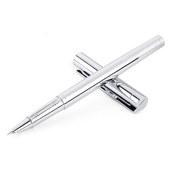 Canetas-tinteiro Metal Prata Caneta com Ponta Financeira 038mm Brilho Platina Aço Escola Escritório Tinta para Escrever Presente Artigos de Papelaria 230707