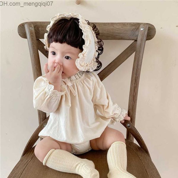 Macacão outono 2023 bebê recém-nascido menina roupa apertada cor sólida menina algodão uma peça bebê menina manga longa uma peça faixa de renda Z230710