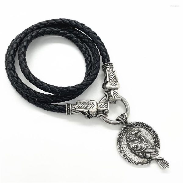 Подвесные ожерелья Odin Raven Amulet Viking Wolf Heads Кожаная цепь панк -талисман мужские
