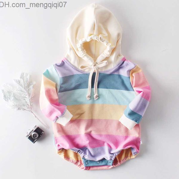 Macacão para bebês meninos e meninas macacão recém-nascido outono arco-íris com capuz manga longa roupa apertada roupas de bebê de algodão Z230711