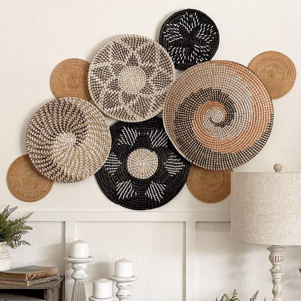 Pratos decorativos para decoração de parede conjunto de 6 cestas suspensas de vime Boho para decoração de casa 230707