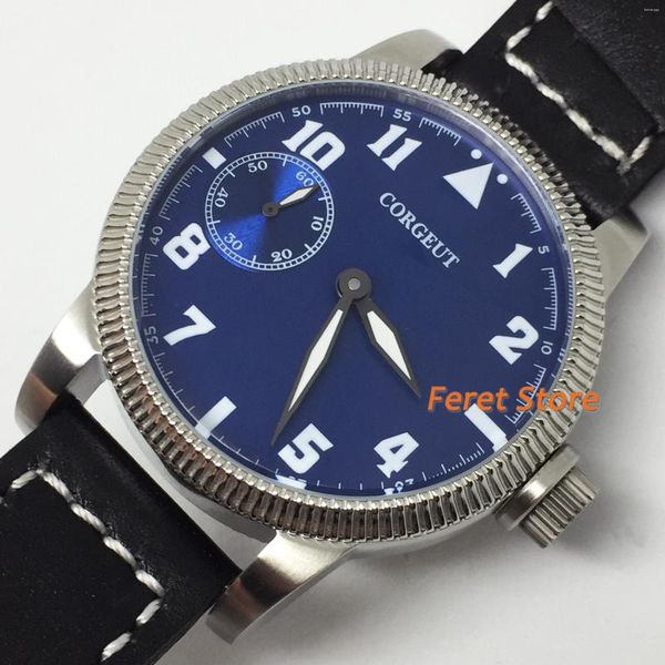 Orologi da polso 46mm Orologio da uomo in pelle Cassa argento Quadrante blu Luminoso Asia 6497 Movimento a carica manuale Orologio da polso classico di lusso