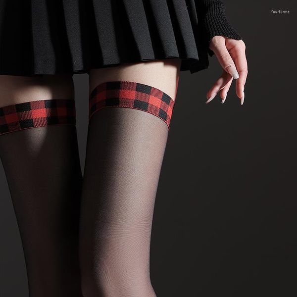 Meias femininas pretas vermelhas meias xadrez para meninas estilo de rua na altura do joelho transparente seda cosplay estudante meias ultrafinas