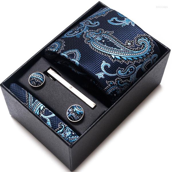 Fliegen Hohe Qualität 6 teile/satz Geschenkbox Für Männer 8 cm Retro Floral Plaid Polyester Krawatte Einstecktuch Clip Manschettenknöpfe Taschentuch Anzug