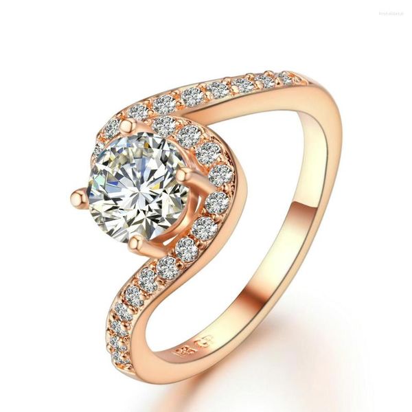 Обручальные кольца Тренди скручен для женщин циркония розовое золото. Обещание брачное кольцо свадебные модные украшения R077